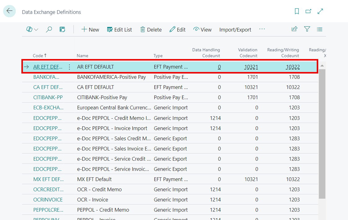 Data Exchange Definitions - AR EFT DEFAULT