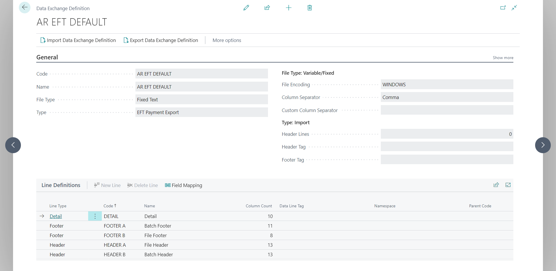 Data Exchange Definitions - AR EFT DEFAULT